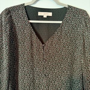LOFT Gray Mini Floral Long Sleeve V-Neck Blouse